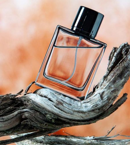 front-view-cologne-bottle-rotten-tree-branch-blurred-beige-background